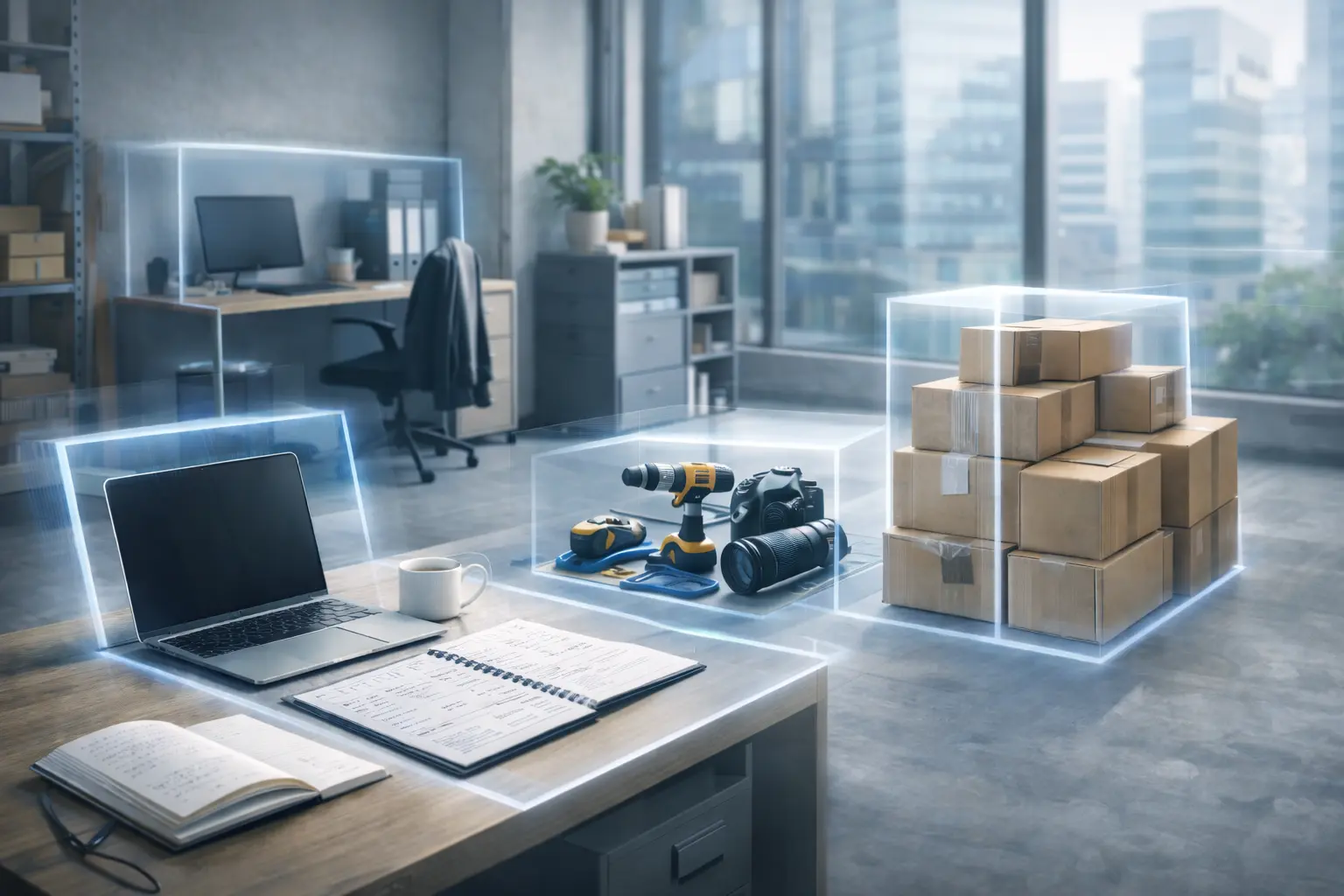 A laptop, work tools including a drill, and some delivery boxes with a protective bubble around them implying various things busienss insurance can cover