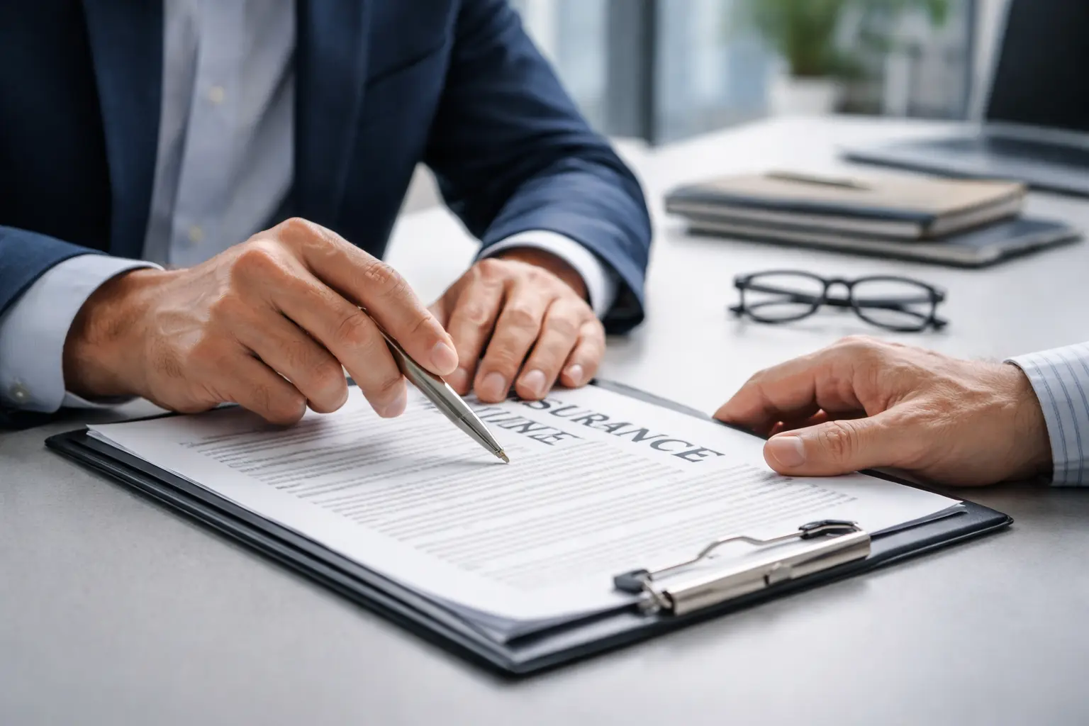 An image of an insurance broker advising a client about the legal implications and requirements of property/building insurance. The faces are not visible, but there are documents on the table, and the arms of both individuals are visible showing a discussion is ongoing