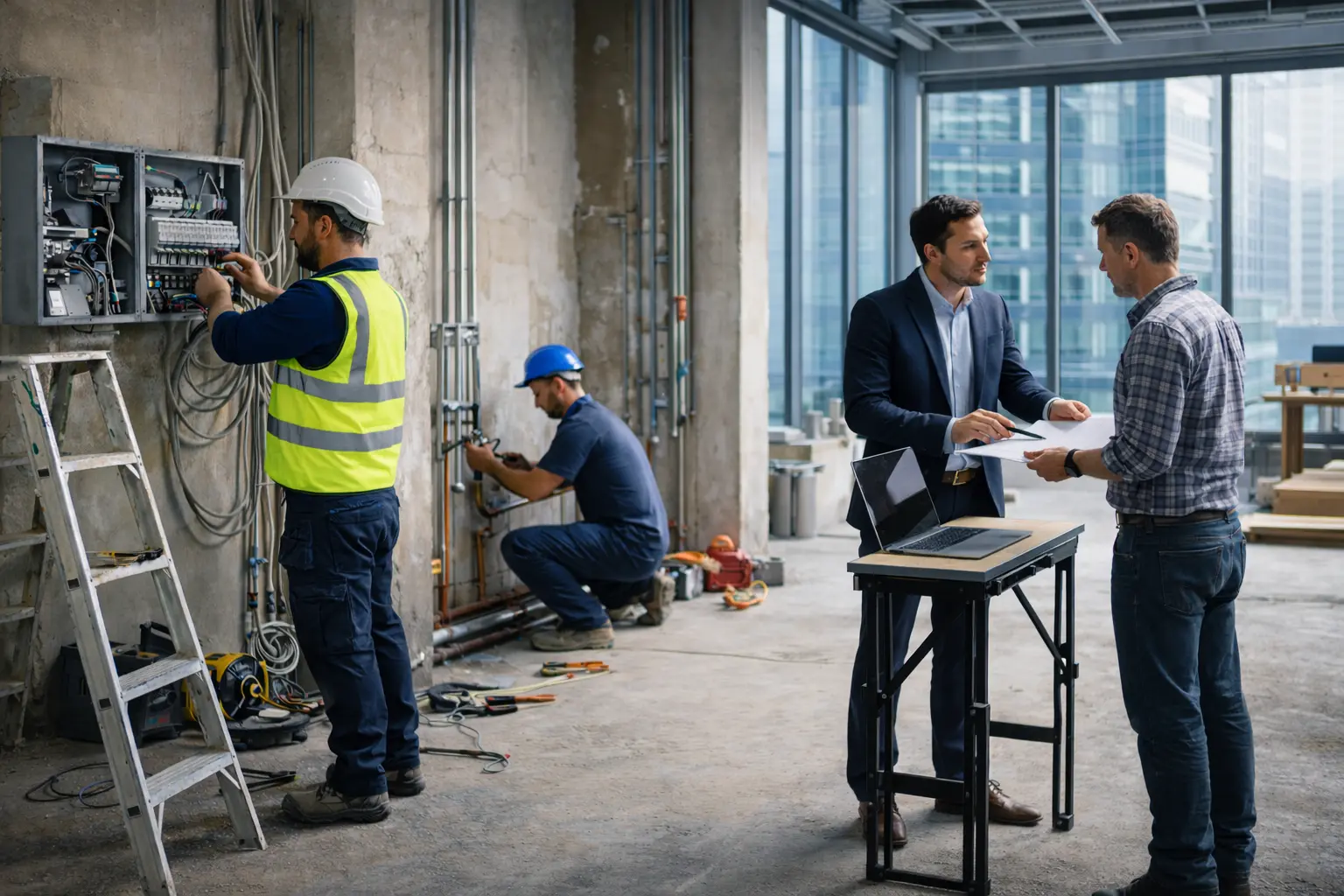 A construction site showing multiple self-employed workers and sole-traders, including a plumber, an electrician, and a freelancer discussing business with a project manager.