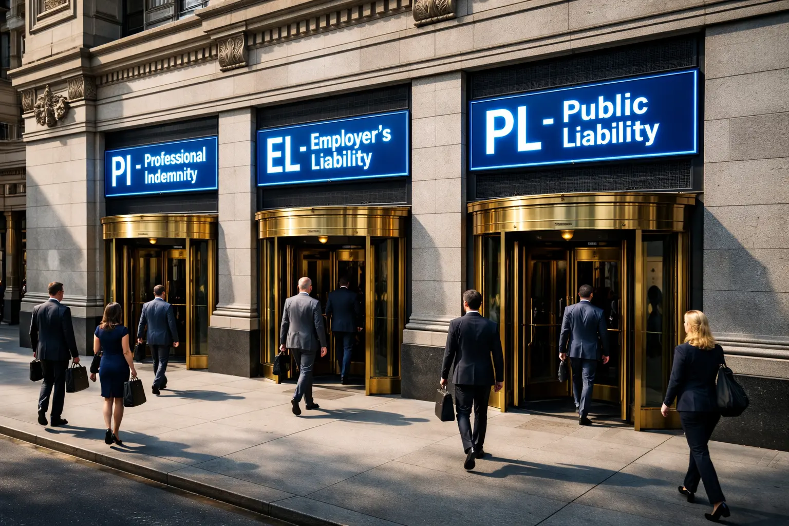 A high street insurance building with 3 entrances, showing employers liability, public liability, and professional indemnity entrances, professionals in suits are walking into the entrances