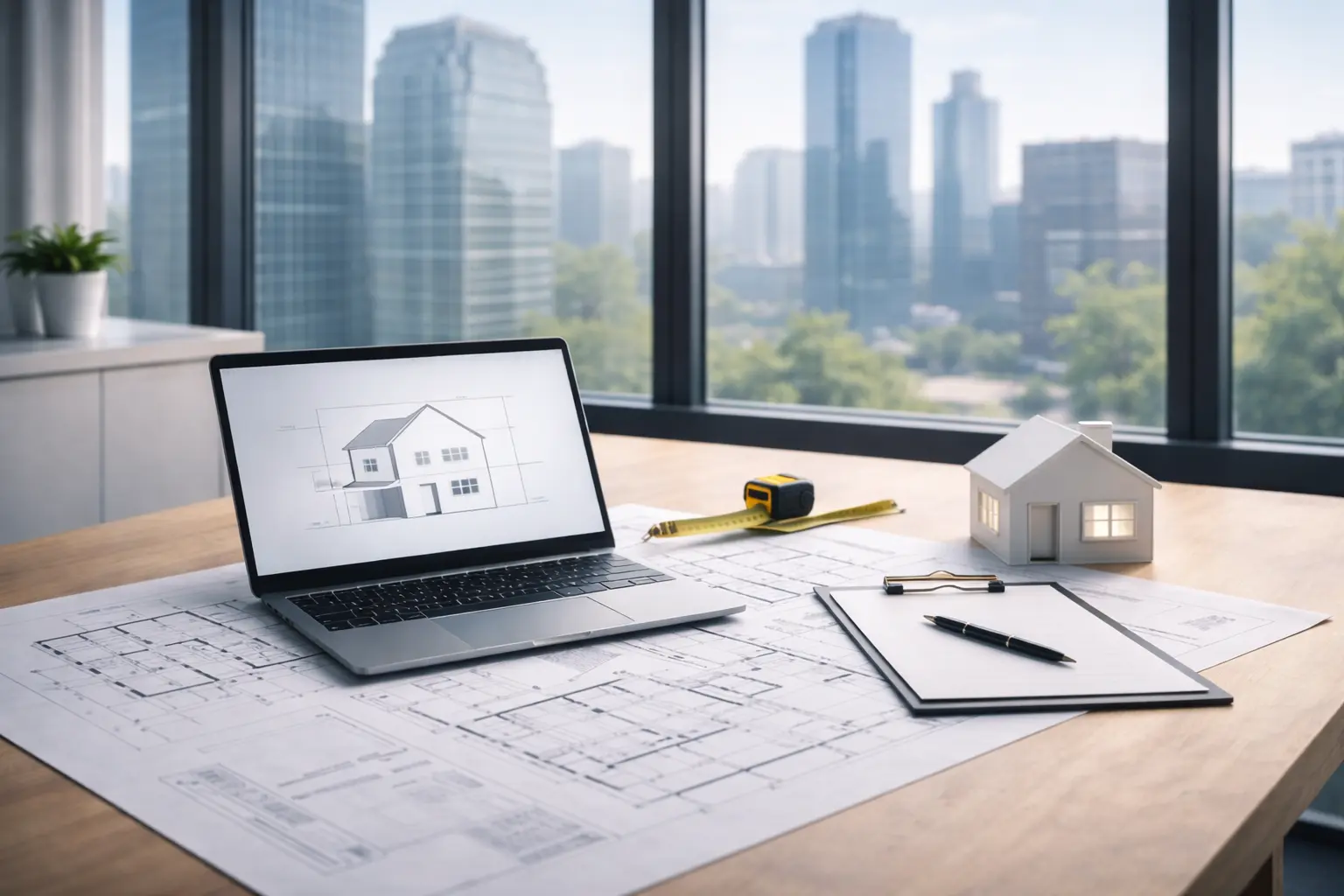 Office desk with building plans, house model and laptop, illustrating how to calculate how much buildings insurance is needed.